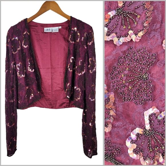 JRT Evening Crop Jacket Blazer Sz 14 Lace Beaded Maroon Pink Sequin Sheer Sleeve - Picture 1 of 7